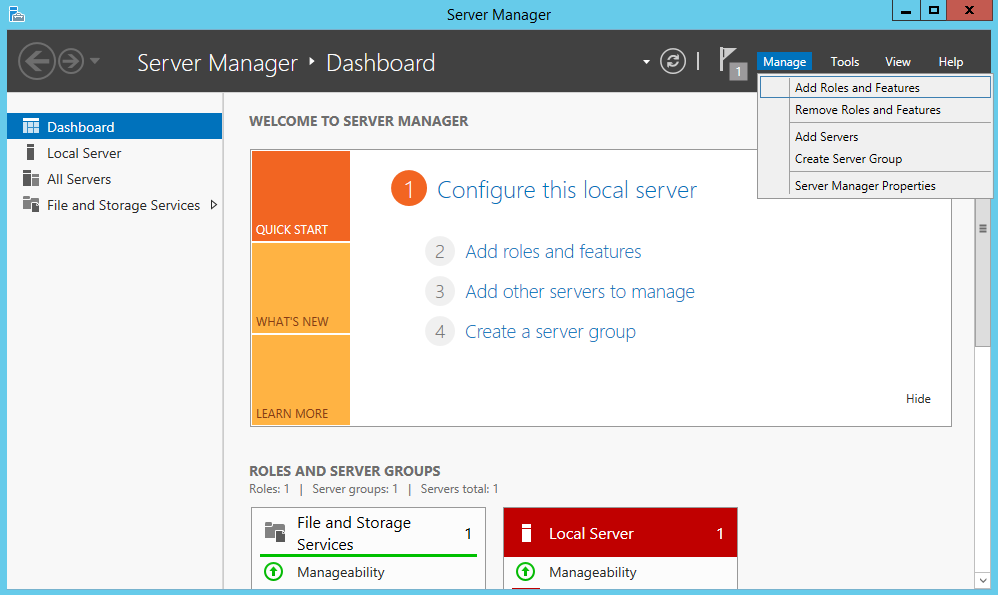 Server Manager Manage Menu