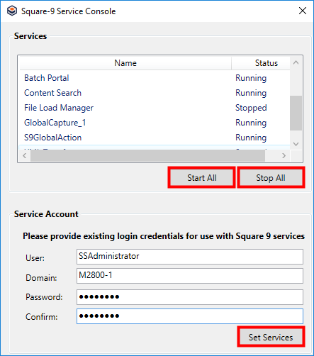 Stop Services in the Square 9 Services Console