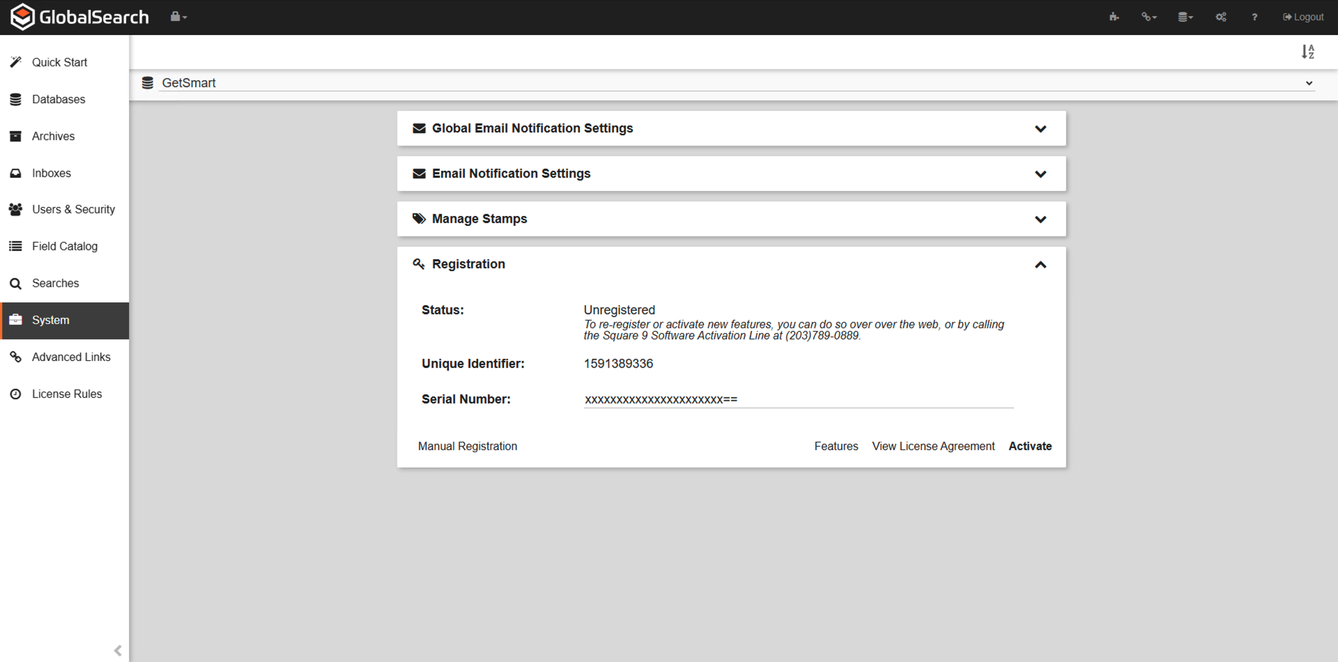 System menu with the registration tab expanded. options for manual registration, features, view license agreement, and activte.