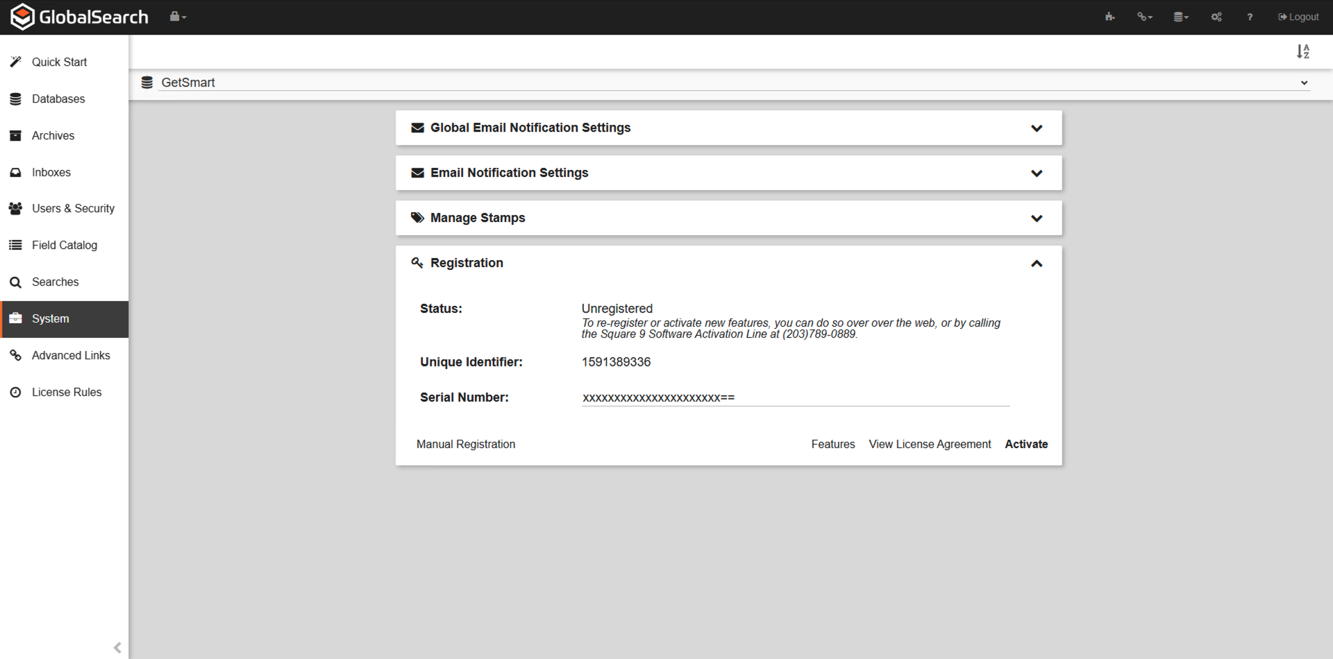 System menu with the registration tab expanded.  options for manual registration, features, view license agreement, and activte.