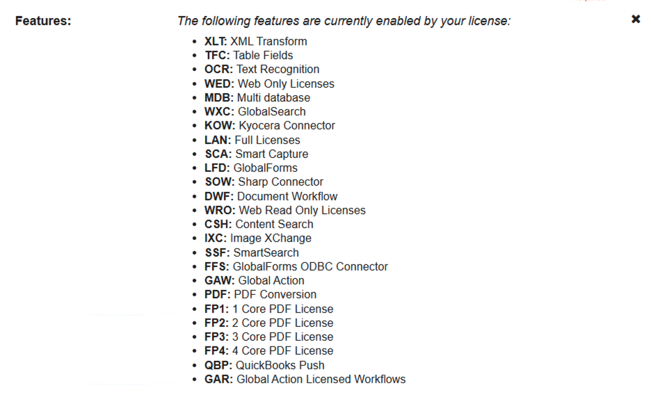 Licensed features expanded in the registration card with the close x on the right.