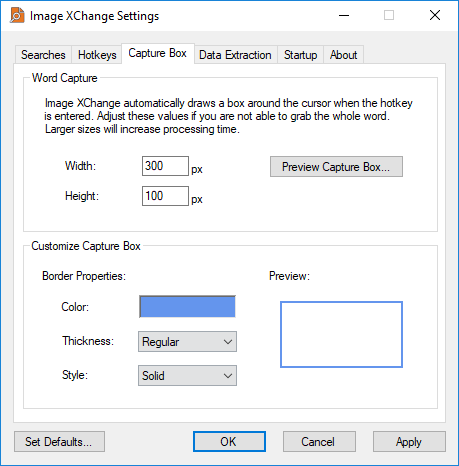 Image XChange Settings Capture Box Tab