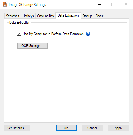 Image XChange Settings Data Extraction Tab