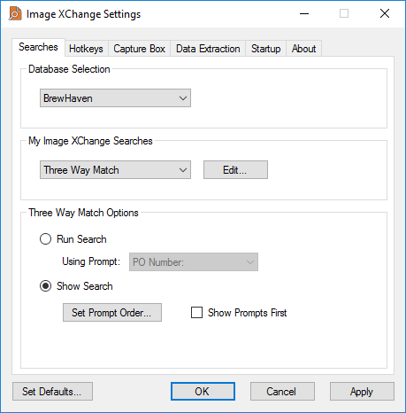 Image XChange Settings Searches Tab