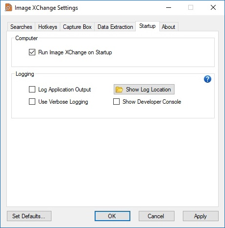 Image XChange Settings Startup Tab