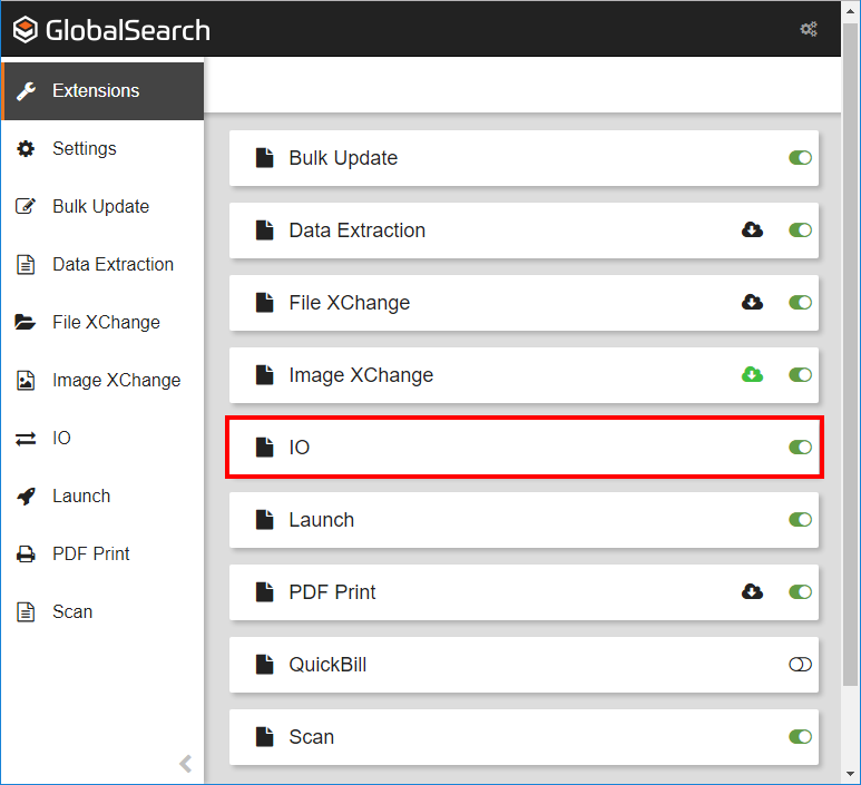 Extensions Manager with IO indicated.