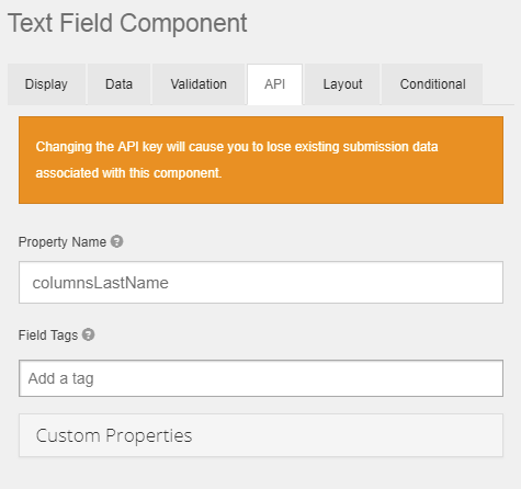 Text Field Component with API tab selected.