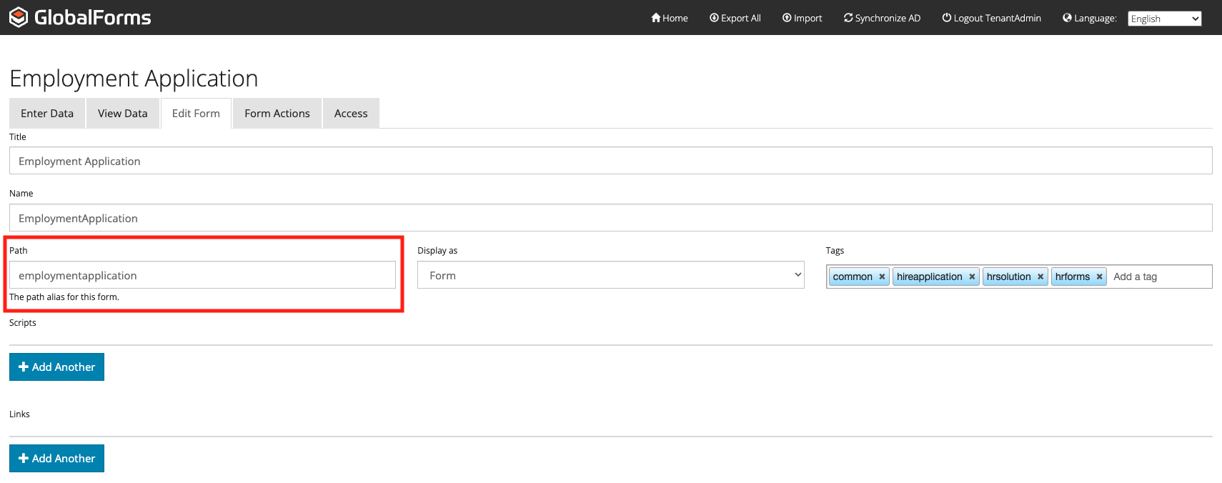 Edit Form tab of a globalform with the Path property highlighted.
