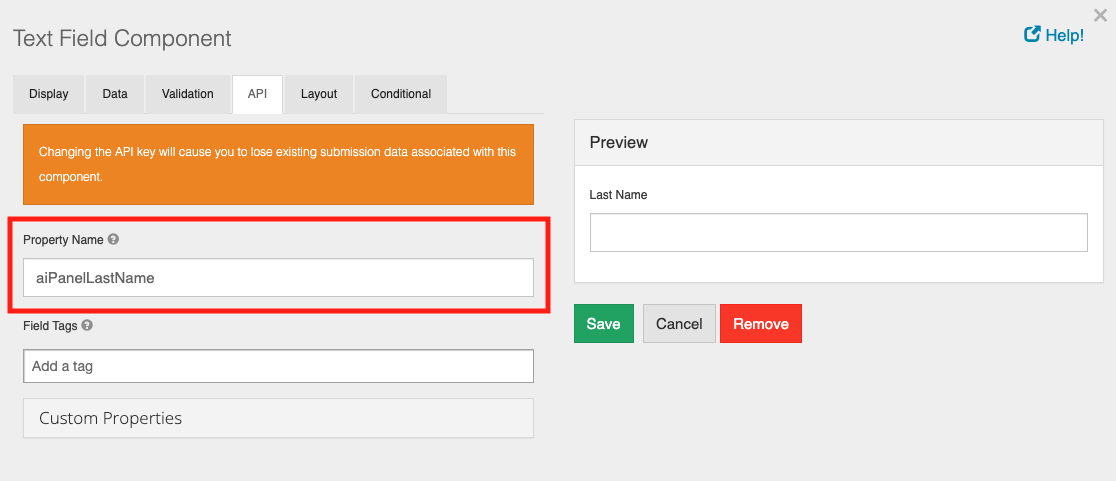 Text field component settings with the Property name highlighted.