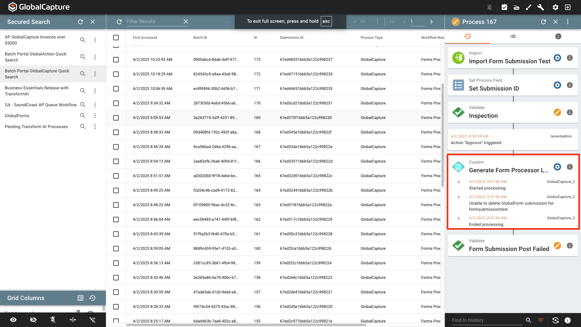 GlobalCapture Validation with the Form Processor Node highlighted for a process that went down the processing failed path.
