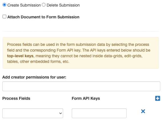 Create submission is checked and the options of Attach Document to form submission, add creator, process fields, and API keys options are displayed.
