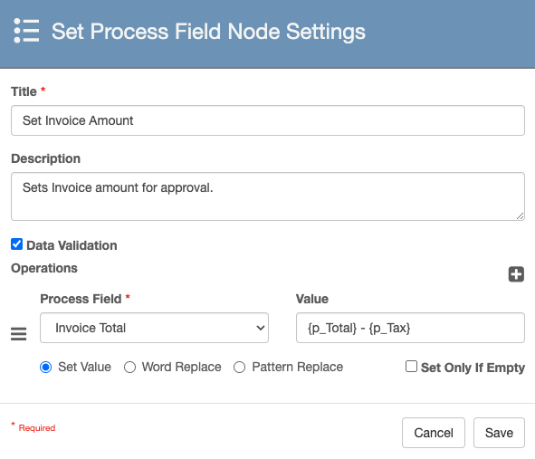 Set process field that sums the total and tax index fields.