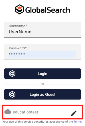 Globalsearch Go login prompt with username and password text boxes, login and login as guest buttons and the instance name highlighted.