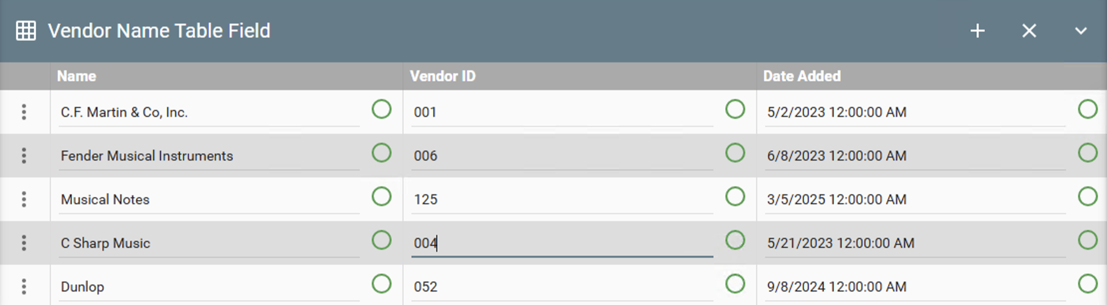 Vendor name table field with data for the vendor name list.