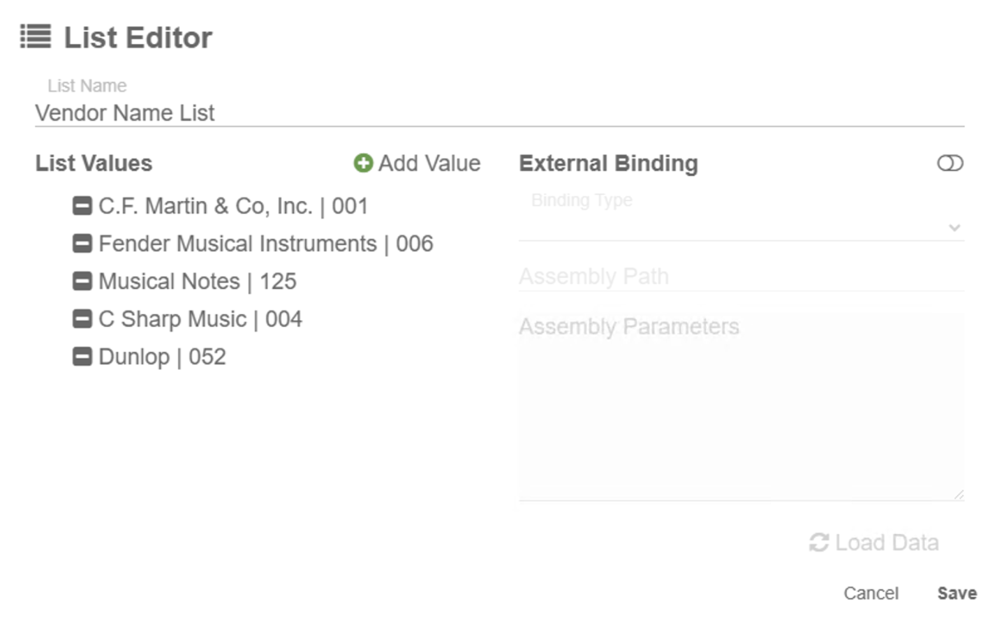 List updated view with paired data for name and vendor ID from the data in the table.