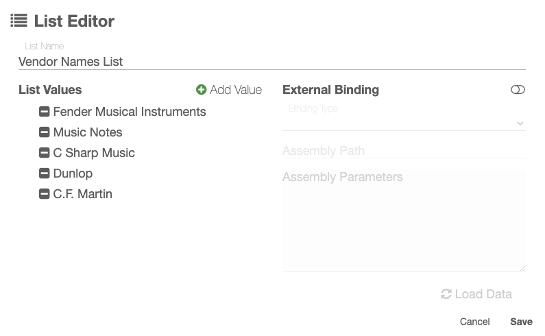 Field catalog list for Vendor Names list containing 5 entries.