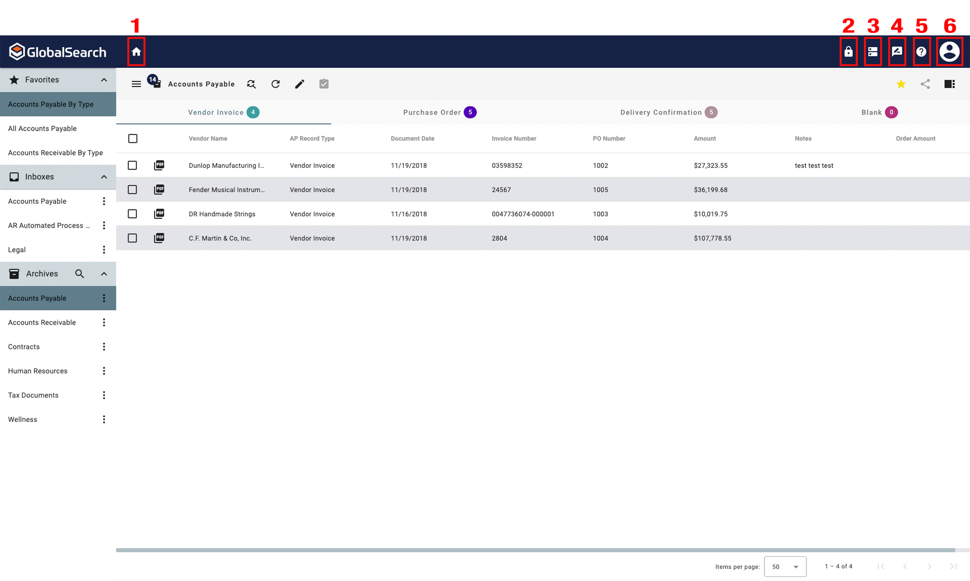 The toolbar running across the top of the page contains the GlobalSearch Logo on the left with the Return to Database Icon directly next to it. On the right side of the toolbar are the Administration, Database Select, Feedback, More information, and User Settings Options.