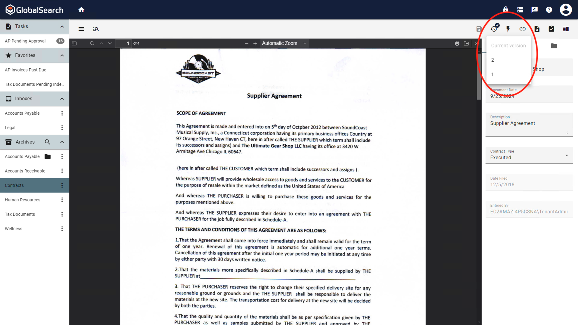 List of document versions.