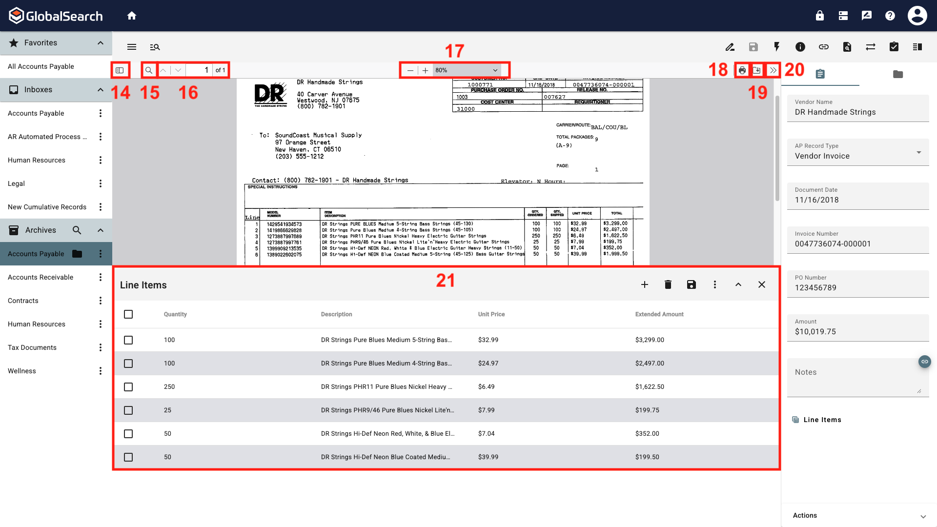 Main component of the page is the document viewer pane that displays the pages of the document and has tools for zooming and rotating, etc.