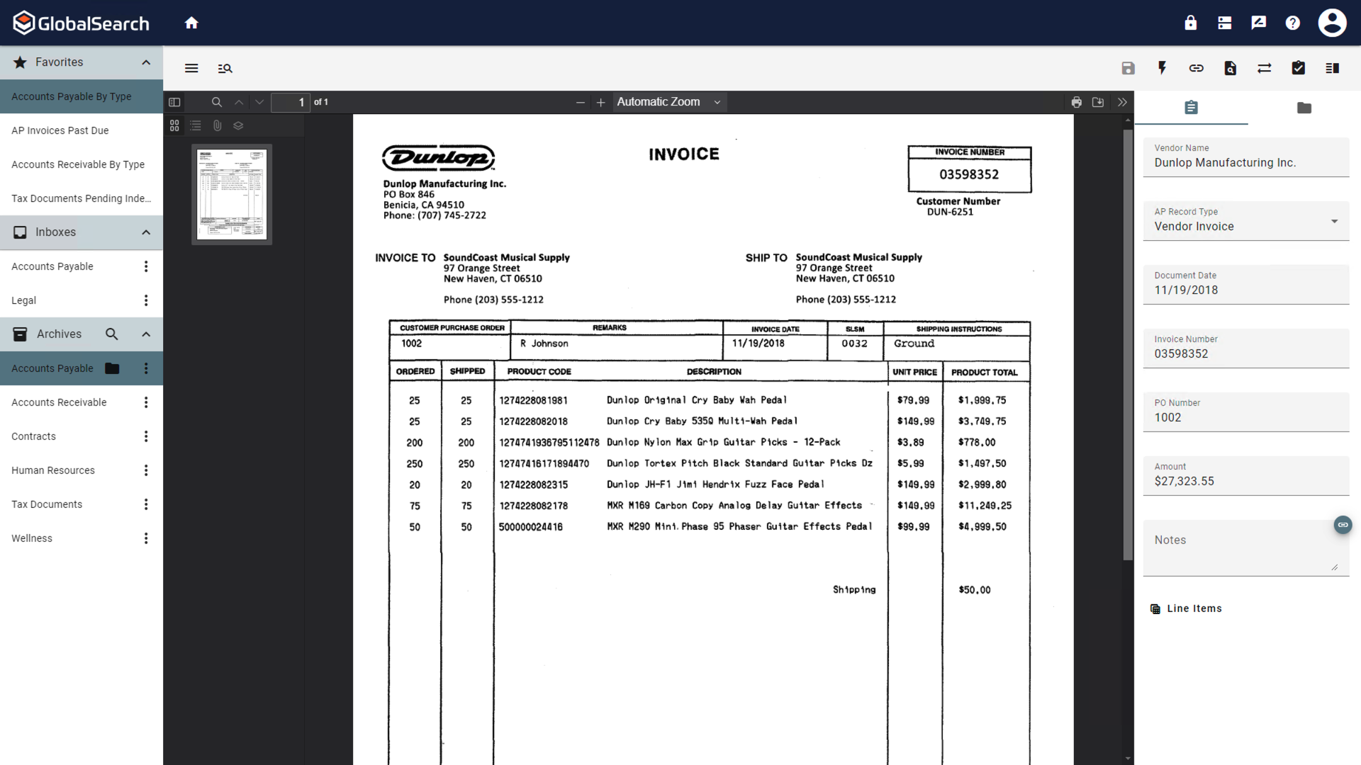 GlobalSearch Go document viewer with an invoice and the indexer open.
