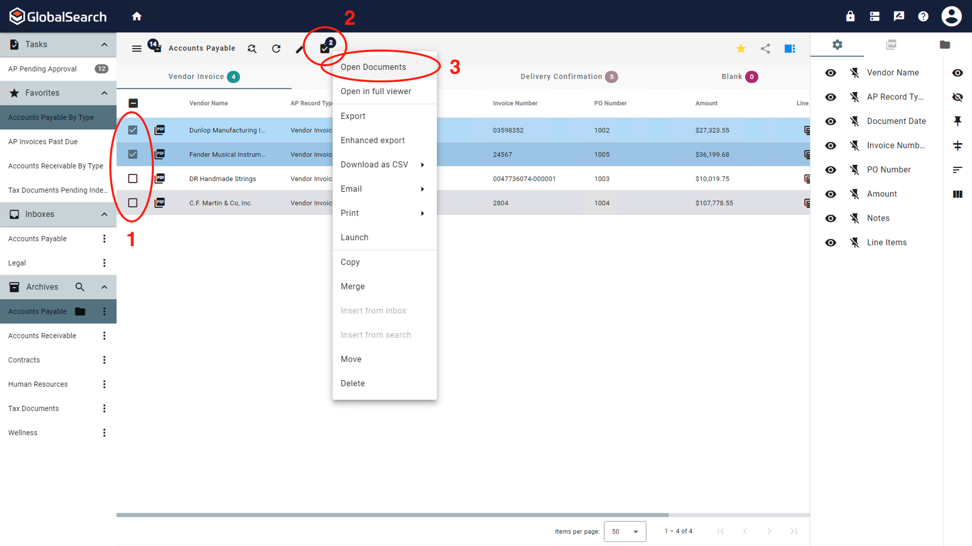 Using the actions menu to open multiple documents in the GlobalSearch go viewer.