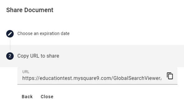 Share document prompt with copy url to share selected.