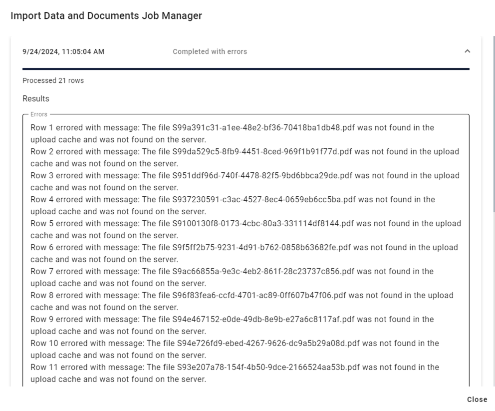 Displayed list of errors from import.