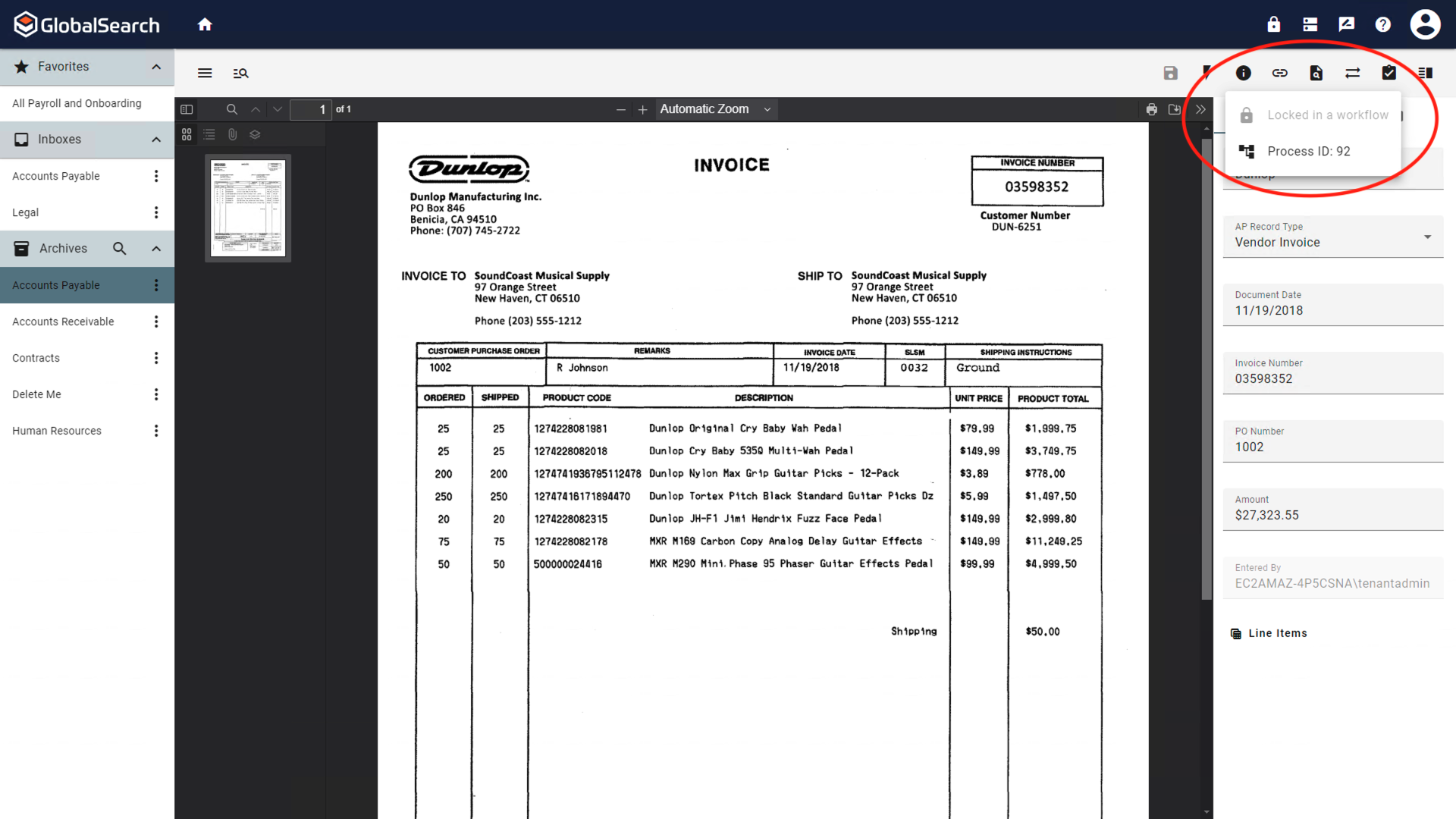 Document locked in workflow with workflow details icon.