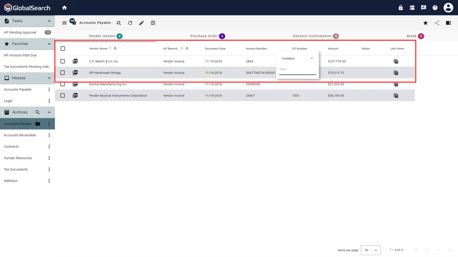 Use column headers to sort and filter displayed search results.