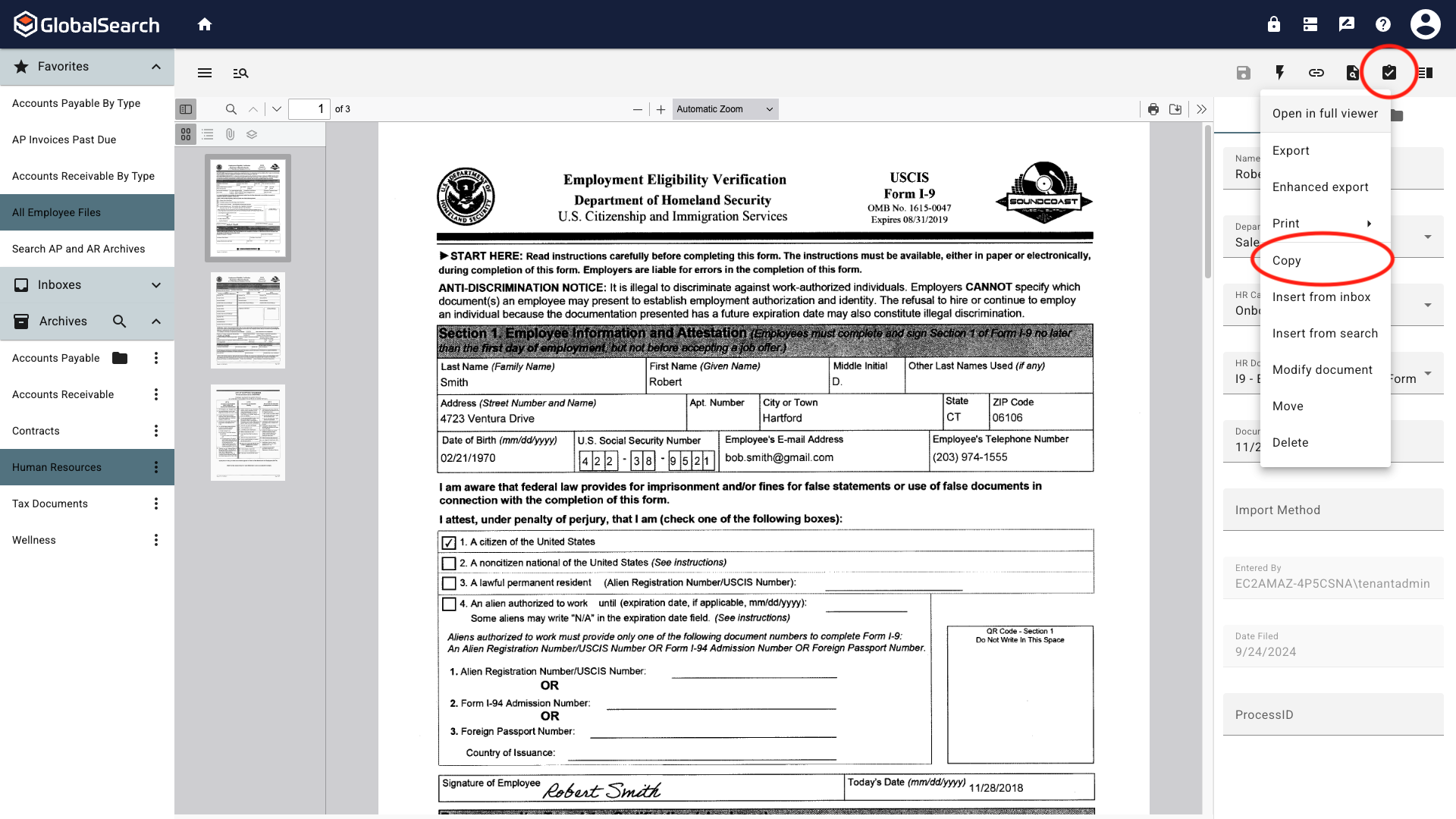 Actions menu displayed in the document viewer with copy highlighted.