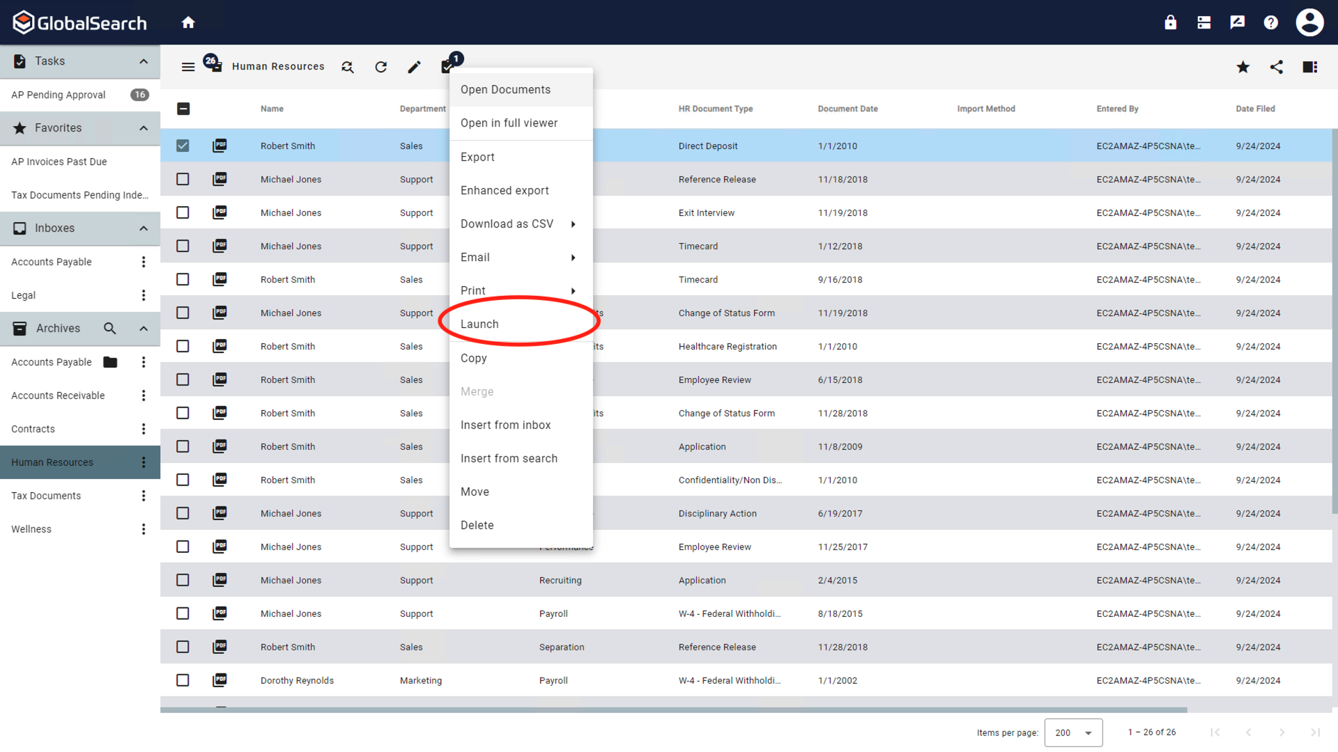 The actions menu with the list of available actions is visible.