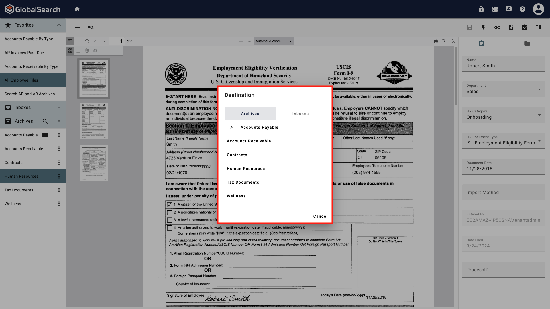 Destination menu popup with a list of archives displayed and a tab to display inboxes.