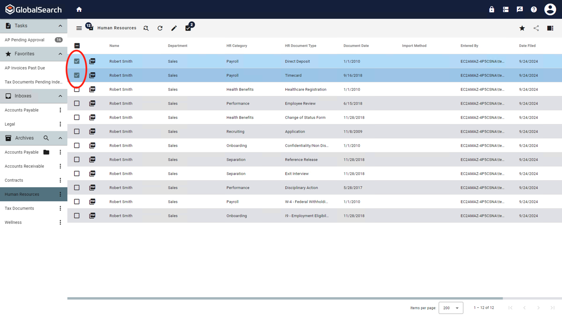 Search results view with selected documents.