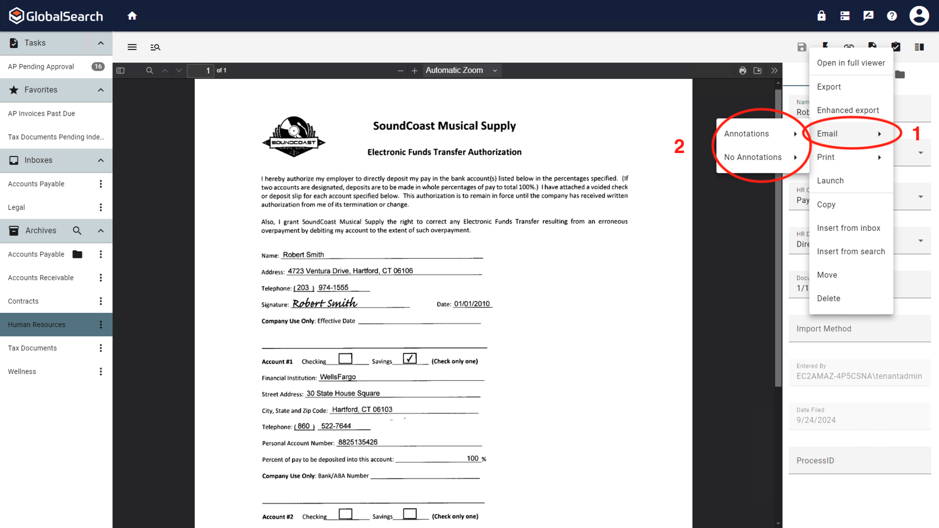 Actions menu displayed with email options shown.