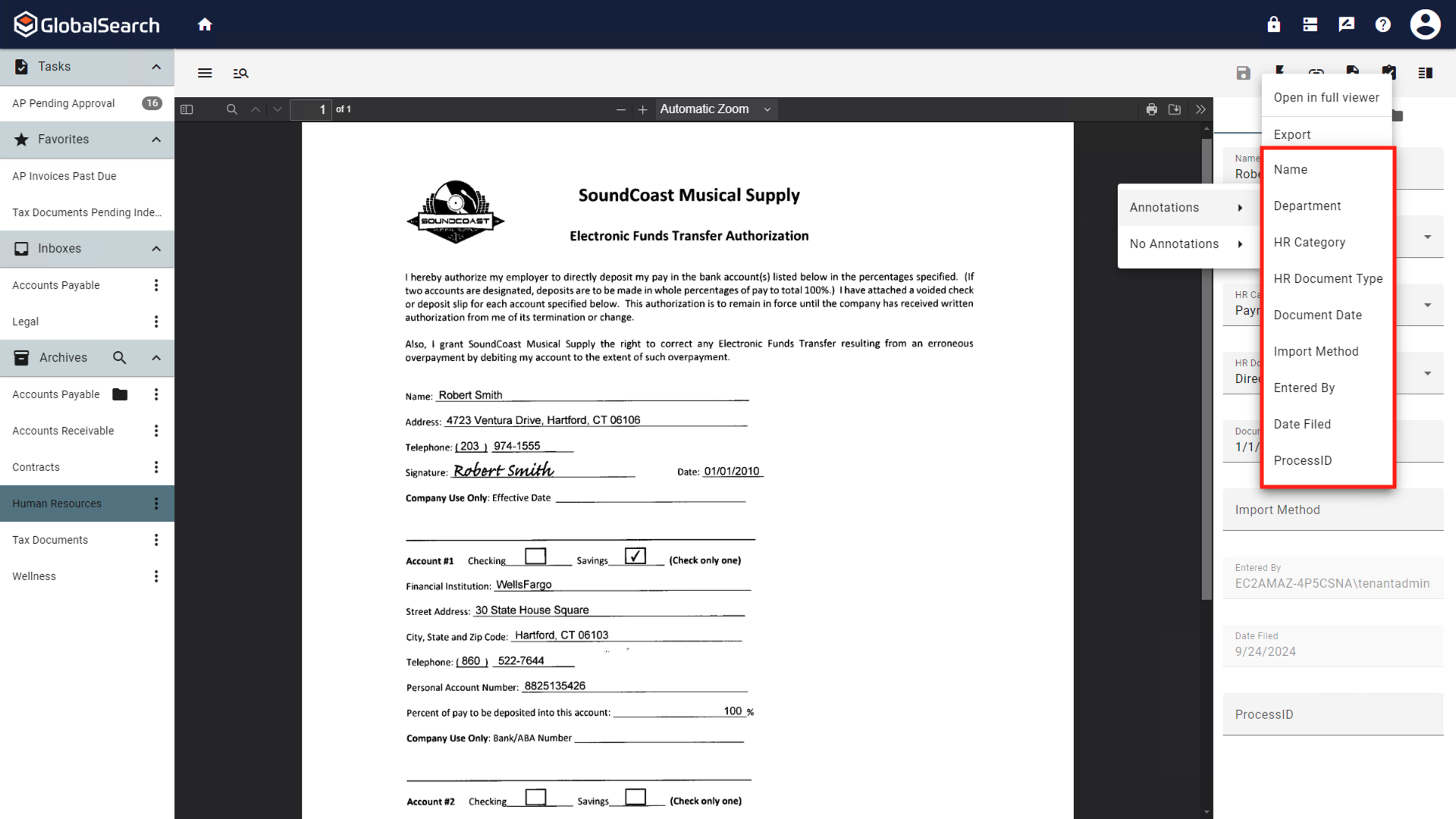 Once annotation or no annotations is selected, the list with the index fields for the file names is visible.