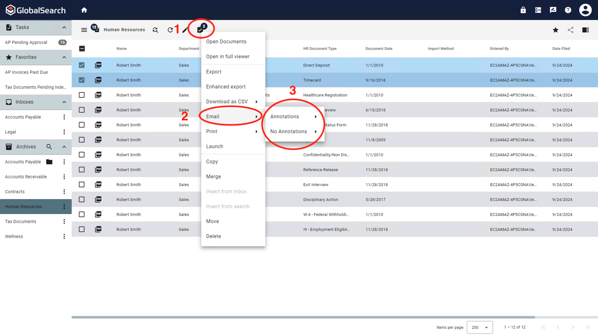 Actions menu displayed with email options shown.