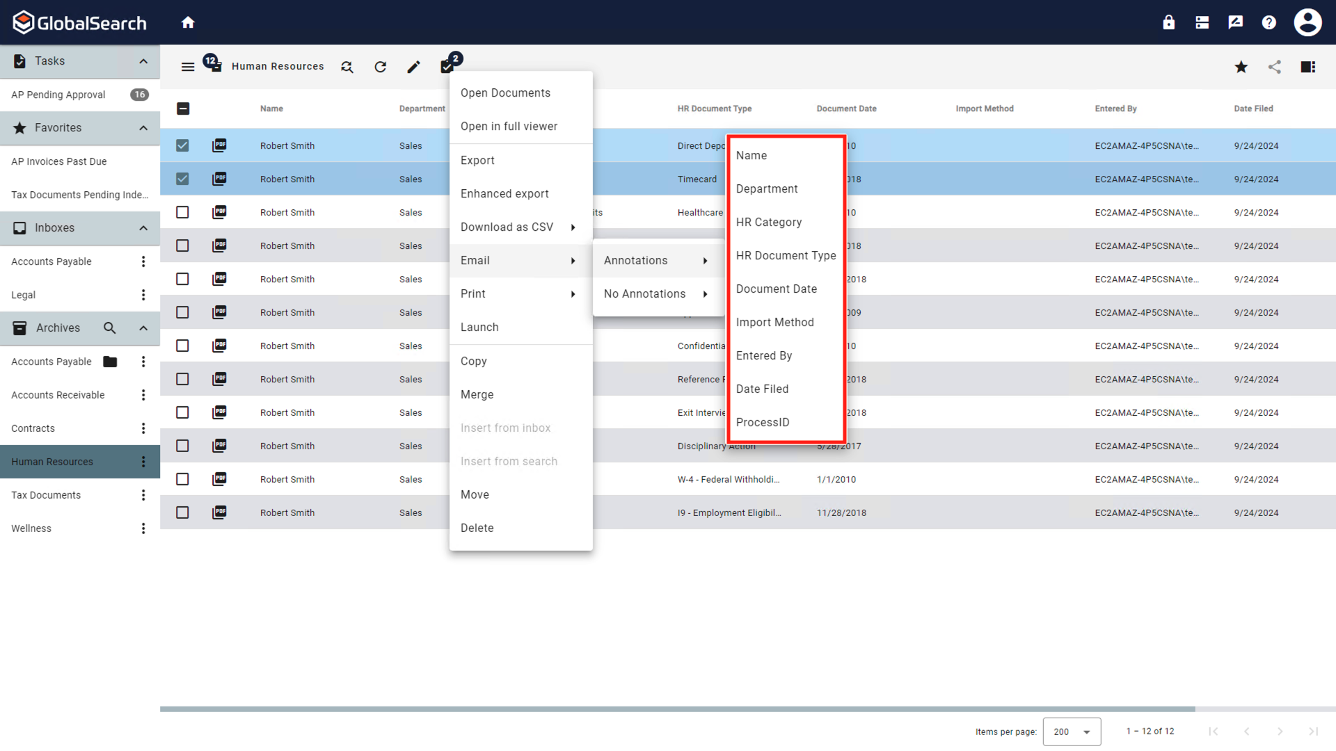 Once annotation or no annotations is selected, the list with the index fields for the file names is visible.