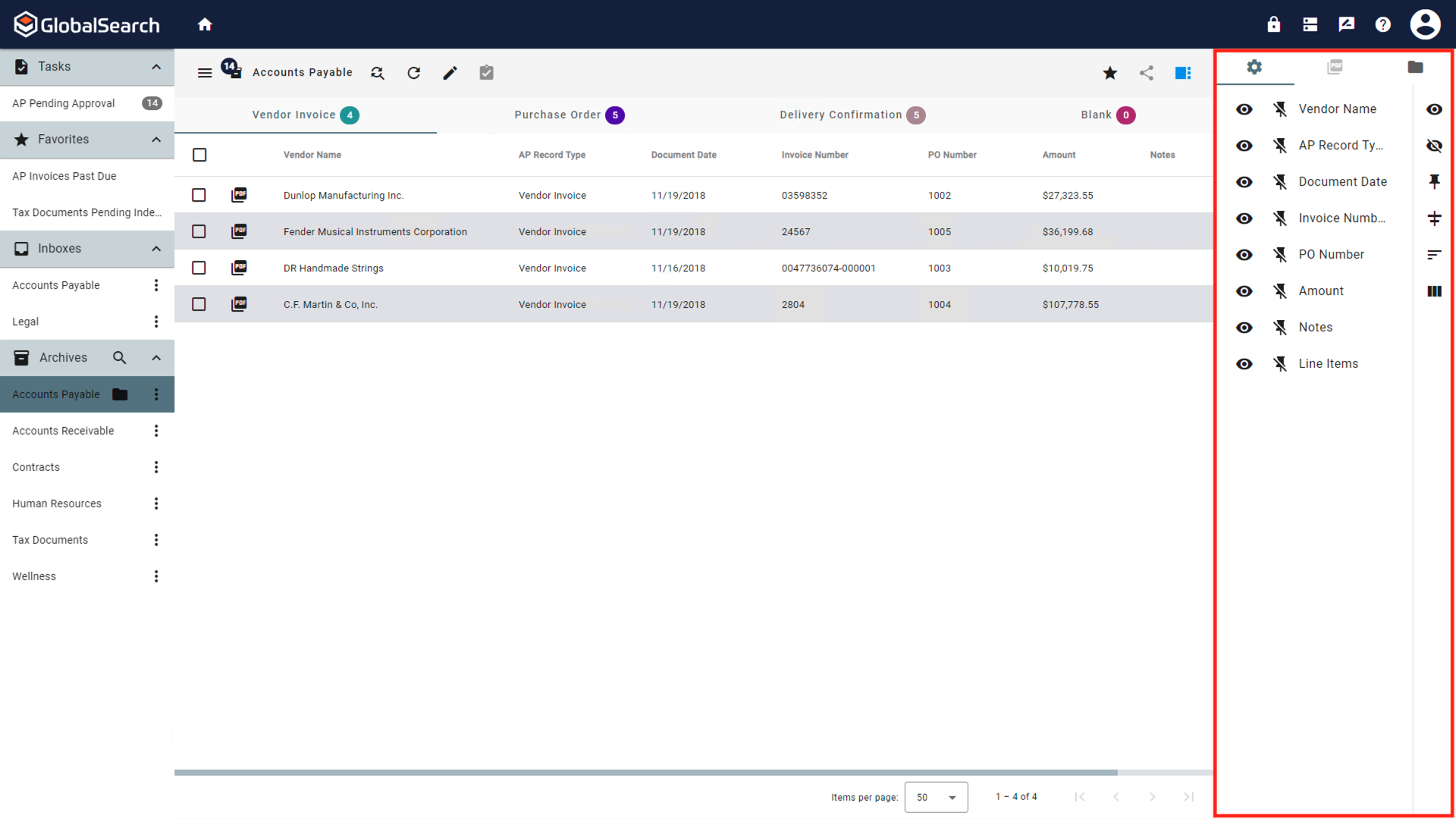 Search Results View sidebar on the right displays options for the search results grid, a document preview, and history options.
