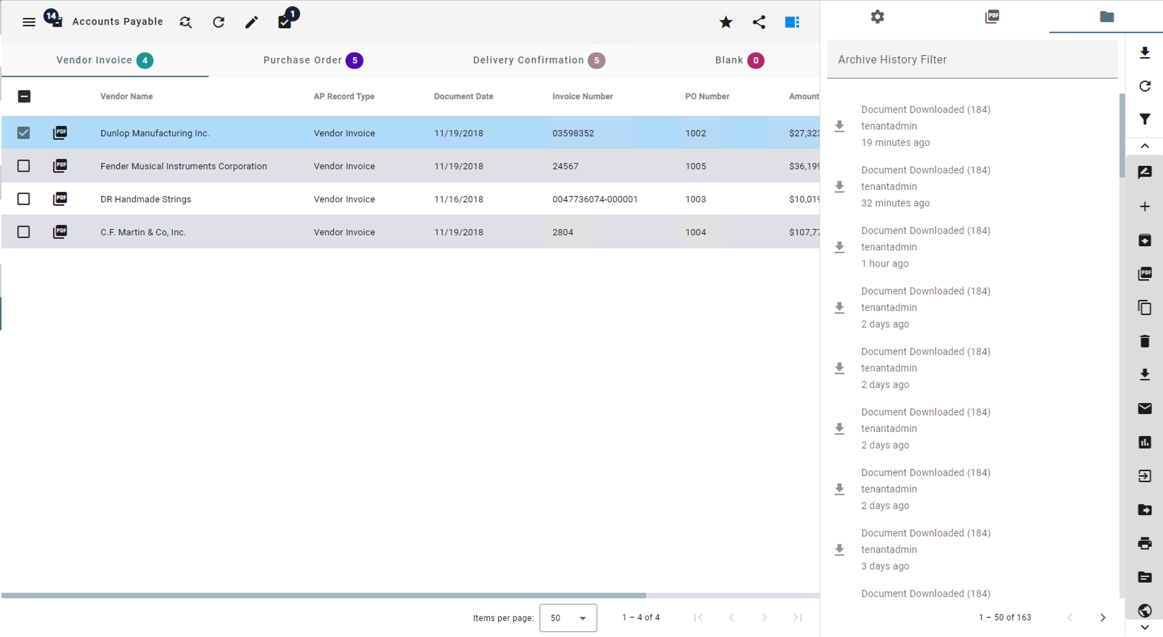 A list of actions taken on the selected document.