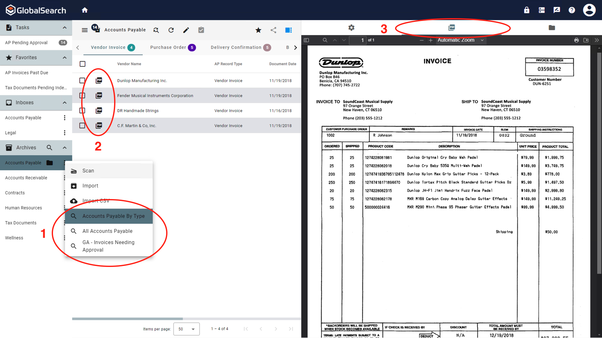 Run a search and select the file type icon to display the document preview in the sidebar.