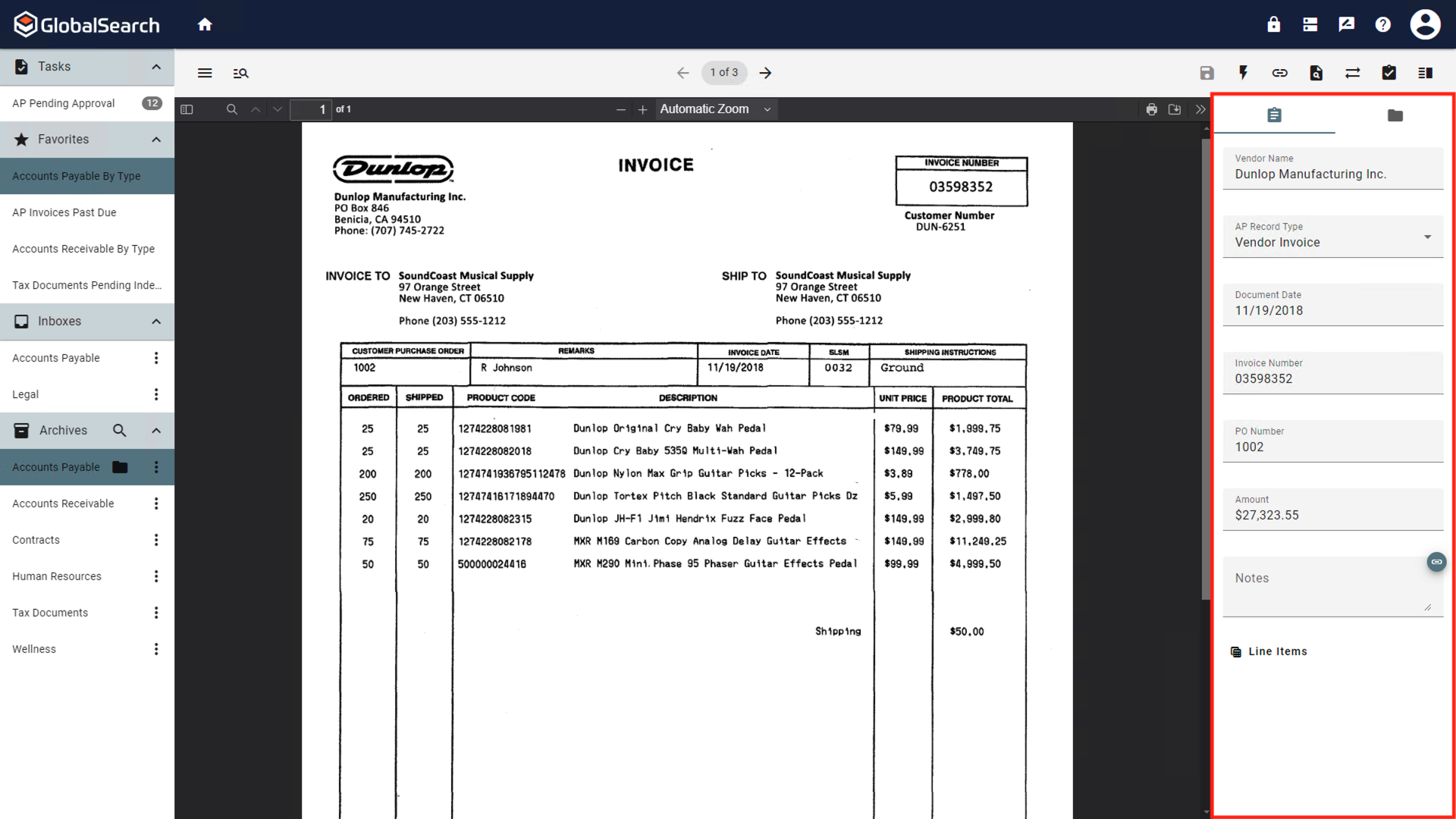 Indexer panel on the right side of the document viewer displaying index fields.