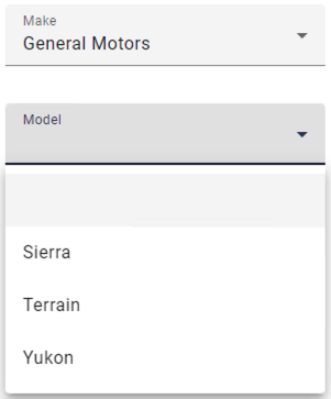General Motors Selected as the make so the models drop down changes to a list of GM models.