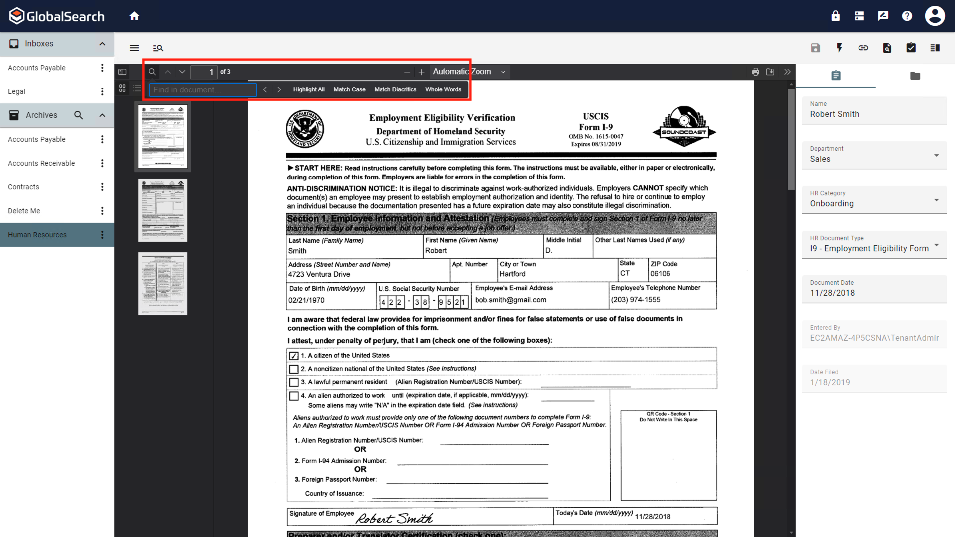 Select the magnifying glass at the top of the document viewer pane to open find in document.
