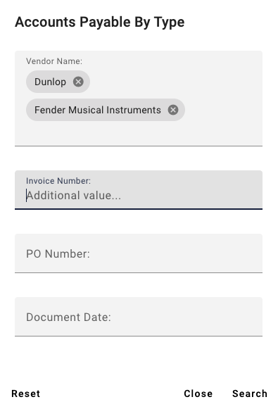 Multiple search parameters for the Vendor name field in separate chips and Additional Value is displayed below INvoice number.