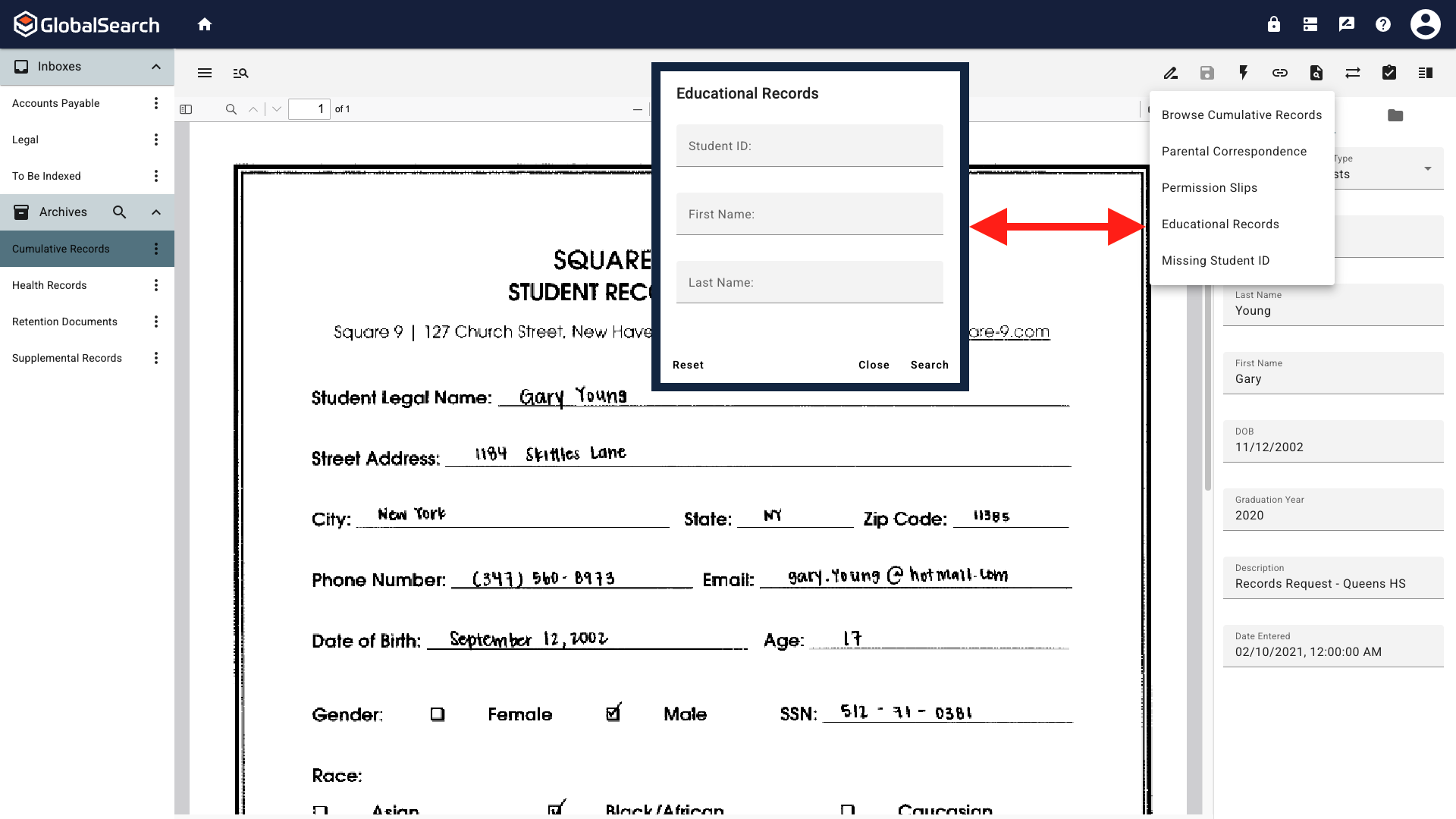 Display of the prompt for the Education Records search with student id, first name, and last name prompts.