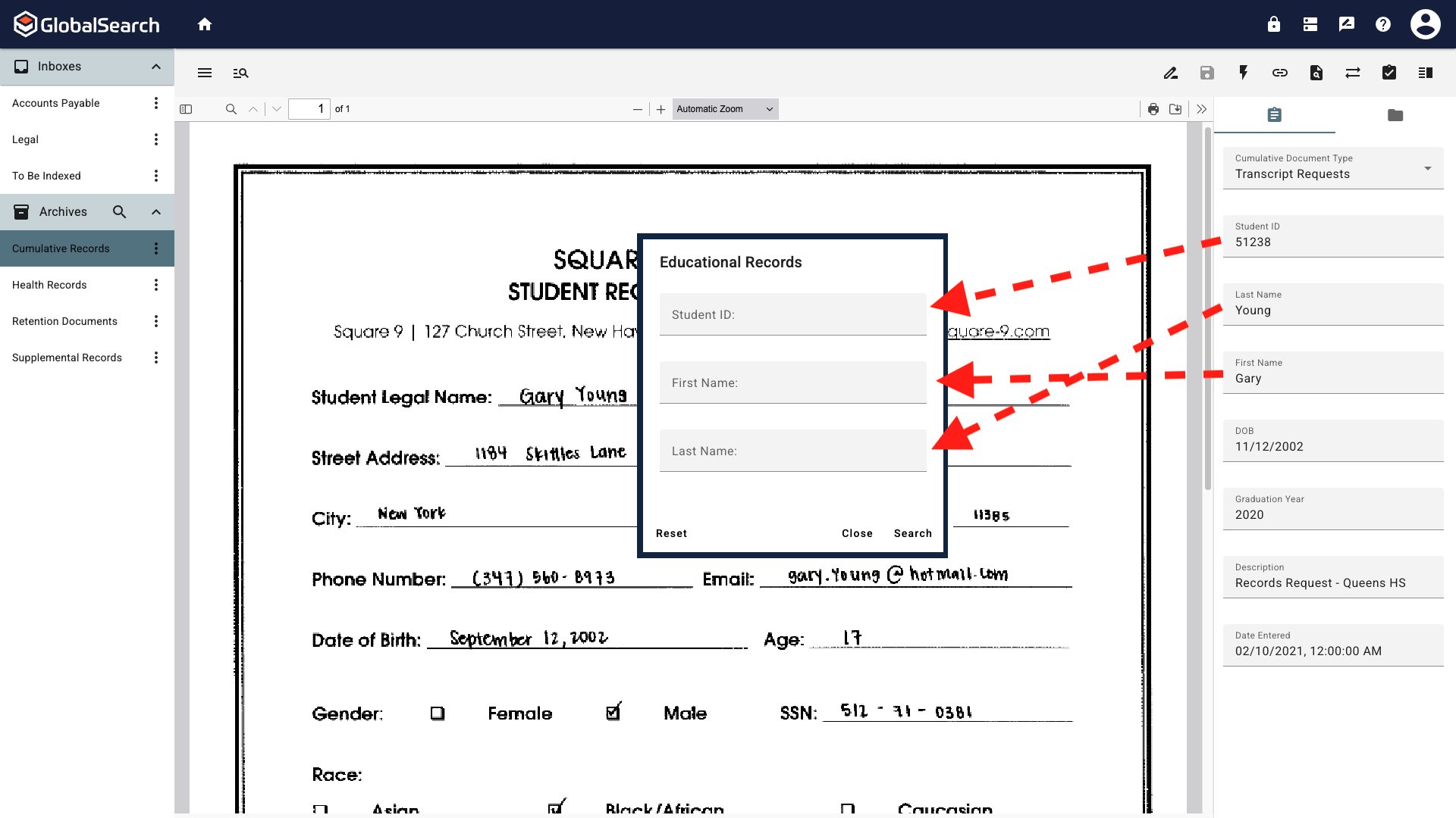 Arrows showing what data from the current document will be added to the search prompt.