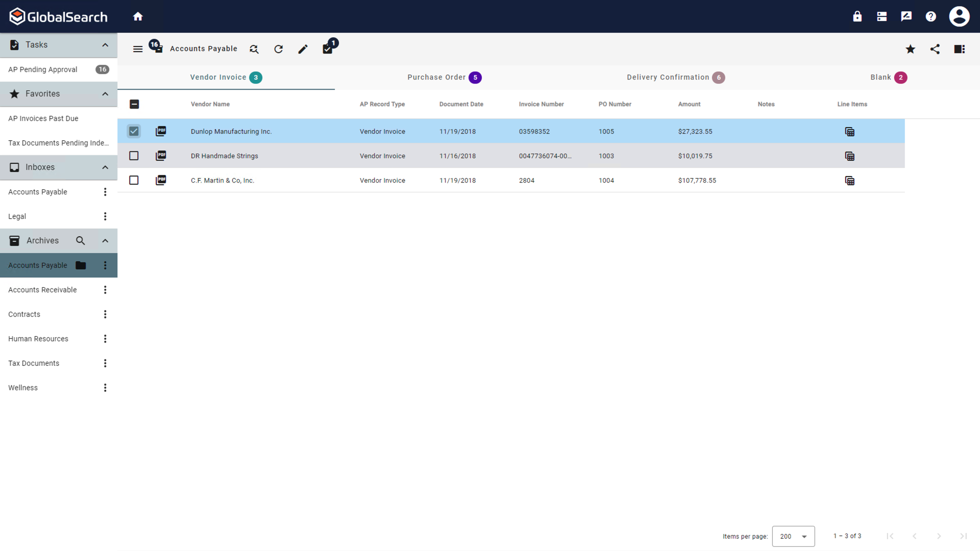 Search results with a single document selected.