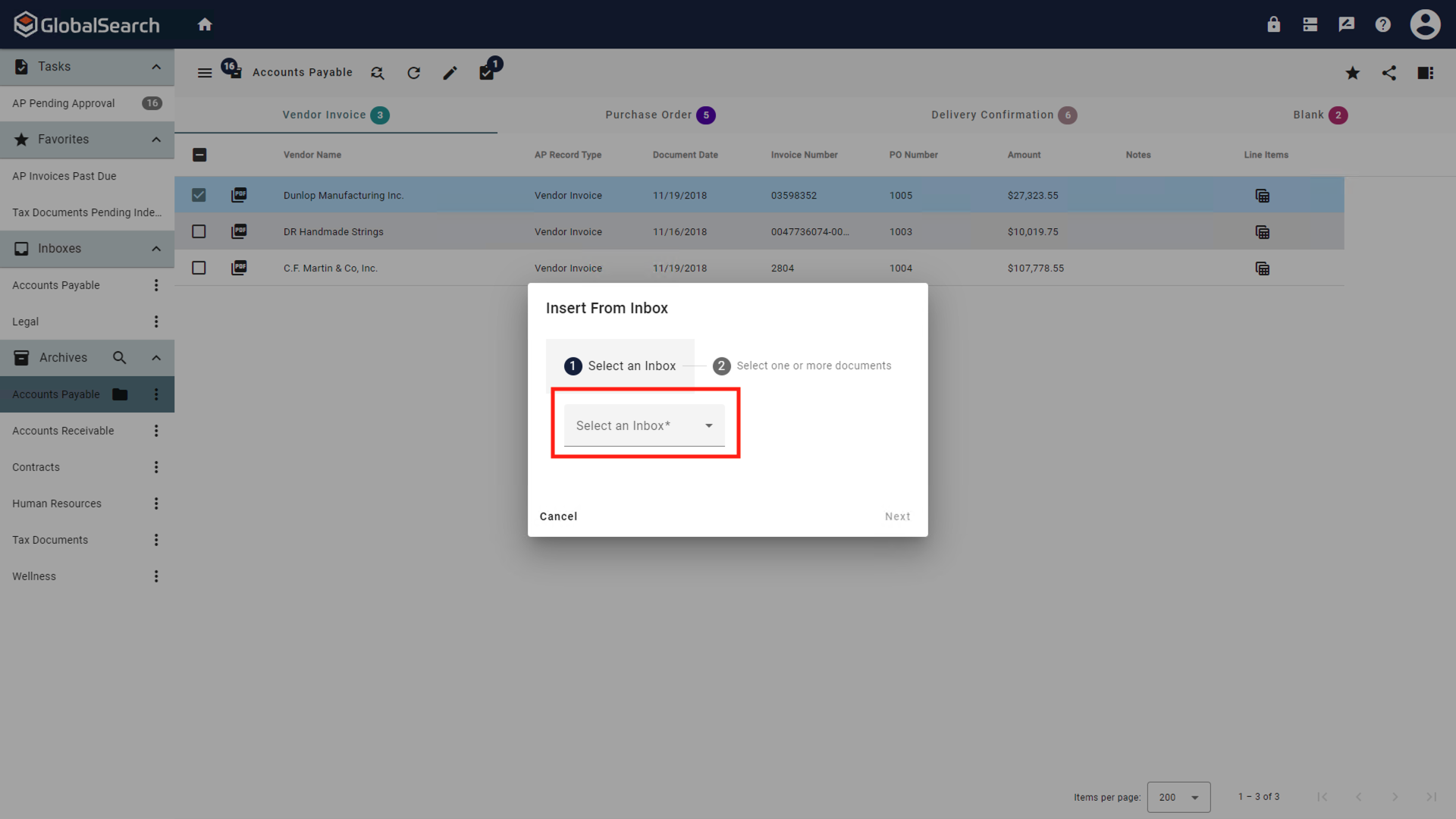 Insert from Inbox popup window with the select an inbox step visible.