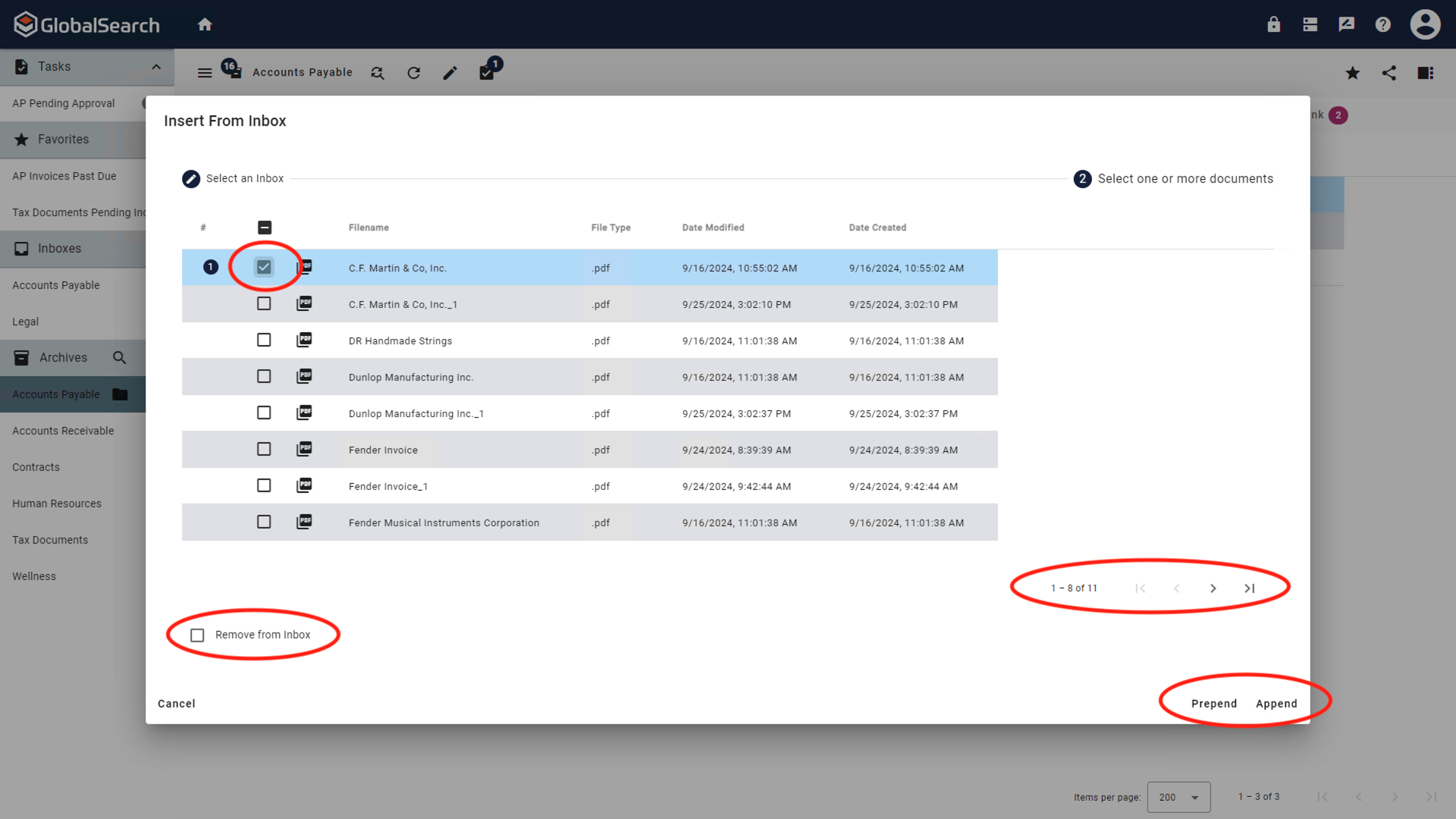 Select on or more documents form the selected inbox. choose whether to remove from inbox or not and options of prepend and append.