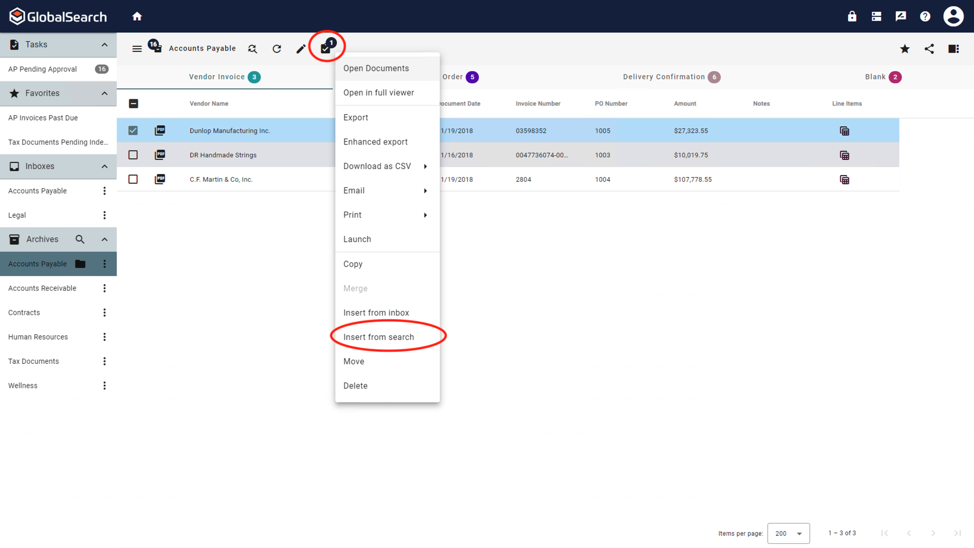 One document selected and the actions menu is visible.